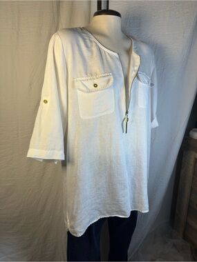 Ellen Tracy 100% Linen White Zip Front Tunic Top Roll Tab Sleeves Large